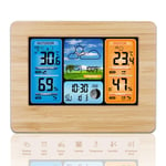 Wireless Weather Station, Digital Alarm Clock with Weather Forecast, Outdoor Sensor/Temperature Thermometer/Humidity Monitor/Hygrometer, Moon Phase, USB Charging,Bamboo