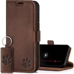 SURAZO Protective Phone Case For Apple iPhone 15 Pro Max Case - Genuine Leather RFID Wallet with Card Holder, Magnetic Closure, Stand - Flip Cover Full Body Casing Screen Protector (Brown & Paw)