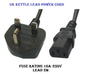 2M UK PC Monitor Mains Power Cable Kettle Lead Power Lead TFT LCD TV C13 IEC