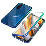 Case Compatible with Xiaomi Poco F3 5G / Mi 11i 5G, Magnetic Adsorption with Lock Design, 360 Protection Front Back Tempered Glass Aluminum Frame Cover Shockproof Transparent Case, Blue Green