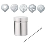 CHSG 1 Pack Chocolate Shaker Dusters Mesh with Hole Or Fine-Mesh Lid with 5 Stainless Steel Coffee Stencils 1 Coffee Art Pull Pin for Icing Sugar Powder Cocoa, Kitchen, Drinks Cappuccino and Baking
