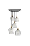 Sleek Tinted Glass Schoolhouse 5 Wire Square Cluster Lights, 10 inch, Smoke Grey, Brass holder