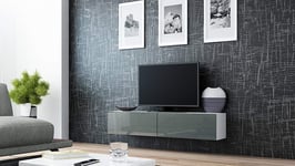 High Gloss TV Stand Cabinet Wall Mountable | Floating Entertainment Unit 140cm (White and Grey)
