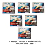 25 x Philips DVD+RW 4.7GB Disc 120Min 4x Speed Jewel Case Rewritable Blank Discs