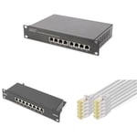 DIGITUS Set: Kit réseau 10 Pouces - 1x Switch PoE, 8 Ports, Non administrable, Switch réseau - 1x Panneau de Brassage Cat-6A , 8 Ports, LSA - 10x câbles réseau Cat-6A, câble Patch Gris, 0,25 m