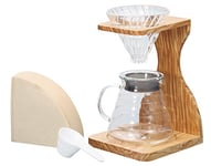 Hario V60 Olive Wood Stand Set | All In One Coffee Brewer Set-up With Stand, Glass Dripper, Range Server, Measuring Spoon and Filters, Clear, Size 02