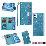 Lafunda iPhone 12 Pro Max Leather Wallet Case Zipper Pocket with Magnetic Closure Trifold KickStand Flip Glitter Shockproof Girls Case Cover iPhone 12 Pro Max - Blue