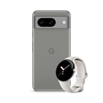 Google Pixel 8 – Unlocked Android smartphone with advanced Pixel Camera, 24-hour battery and powerful security – Hazel, 128GB Smartwatch, Silver with Chalk Strap