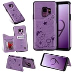 Samsung Galaxy S9 Case, SATURCASE Cat Bee Embossing PU Leather Flip TPU Magnetic Buckle Wallet Stand Card Slots Protective Case Cover for Samsung Galaxy S9 (Purple)