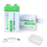 YUESUO 9V Rechargeable Batteries Lithium-ion 650mAh 2-Packs of 9V Battery with 2 in 1 Micro USB Charging Cable for Phone, Smoke Alarm Detector, Toys, Flashlights, Keyboard and More