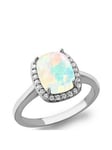 The Love Silver Collection Sterling Silver Rhodium Plated Rectangle Synthetic Opal and White CZ 10mm x 11mm Halo Ring, Silver, Size S, Women