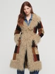 Superdry Patchwork Long Afghan Coat, Brown Patchwork Cord
