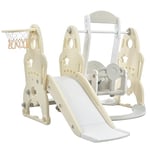 Merax Kids Slide Swing Set Climbing Frame | 4 in 1 Multifunctional Toddler Slide with Climb Ladder Swing Basketball Hoop | Beige