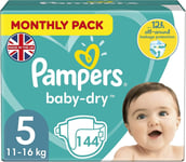 Pampers Baby Nappies Size 5 (11-16 kg/24-35 Lb), Baby-Dry, 144 Nappies,