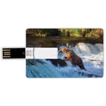 4G USB Flash Drives Credit Card Shape Waterfall Memory Stick Bank Card Style Image of Large Bear by a Rock in Alaska Waterfall Wildlife in Earth Art Print Decorative,Multi Waterproof Pen Thumb Lovely