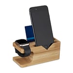 Relaxdays Station de Charge, pour Smartphone & Montre connectée, Bambou, HxLxP: 6 x 14 x 6,5 cm, Support, Nature