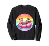 Chill Skeleton Relaxing in Flamingo Floatie Under Rainbow Sweatshirt