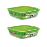 Pyrex Microwave Safe Classic Sqaure Glass Dish with Vented Lid 2.2 Litre Green (Pack of 2)