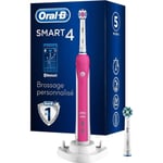 Oral-B Smart 4 Brosse À Dents Électrique Rechargeable Avec 1 Manche Connecté Bluetooth Et 2 Brossettes,Rose,5 Modes Dont Blancheu