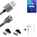 Magnetic charging cable + earphones for Huawei P Smart 2019 + USB type C a. Micr