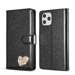 QLTYPRI Case for iPhone 12 iPhone 12 Pro, Glitter PU Leather TPU Bumper Card Holder Wrist Strap Wallet Case with Inlaid Heart Diamond Flip Cover for iPhone 12 iPhone 12 Pro (6.1 inch) - Black