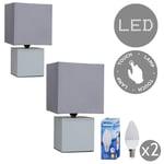Pair of - Modern Grey Cube Design Touch Dimmer Bedside Table Lamps with Grey Fabric Light Shades - Complete with a 5w Dimmable LED Candle Bulb [3000K Warm White]