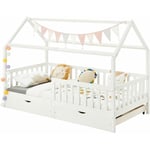Lit cabane nuna lit enfant simple montessori en bois 90 x 200 cm, avec rangement 2 tiroirs, en pin massif lasuré blanc - Blanc