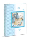 Album photo, bleu ciel, naissance enfant, avec journal, 23 x 30 cm, 56 pages blanches et 4 pages personnalisables, pages en carton épais et résistant, entrecoupées de Pergamino