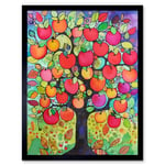 Apple Tree Folk Art Bright Watercolour Painting Art Print Framed Poster Wall Decor 12x16 inch