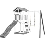 Beach Tower Aire de Jeux avec Toboggan en gris, Balançoire & Bac à Sable Grande Maison enfant extérieur en gris & blanc Cabane de Jeu en Bois fsc