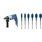 Bosch Professional Drill GBM 13-2 RE (incl. keyed Drill Chuck 1.5-13mm, Box) + 6X Expert SelfCut Speed Flat milling bit Set (for Soft Wood, chipboard, Ø 13-25 mm, Accessories)