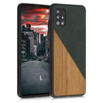 kwmobile Case Compatible with Samsung Galaxy A51 - Hard Cover with TPU Bumper and PU Leather/Wood Design - Two-Tone Wood Dark Green/Brown
