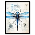 Dragonfly Spy Bot Robot Hybrid Schematic Blueprint Futuristic Secret Complex Arcane Manuscript Gift For Him Man Cave Art Print Framed Poster Wall Deco
