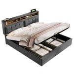 HENGMEI-säng med lådor med eluttag och USB-portar Linne dubbelsäng 160x200 cm Förvaringssäng, grå (utan madrass)
