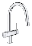 GROHE Minta – 1 Lever Kitchen Sink Pull Out Dual Spray Mixer Tap with Integrated Stop Valve (High C-Spout, 90° Swivel Area, 46 mm Ceramic Cartridge, Tails 3/8 Inch), Size 379 mm, Chrome, 31916000