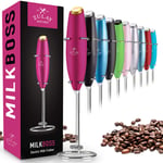 Zulay Original Milk Frother Handheld Foam Maker for Lattes - Whisk Drink Mixer for Coffee, Mini Foamer for Cappuccino, Frappe, Matcha, Hot Chocolate by Milk Boss (Pink with Gold Button)