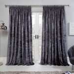 Sienna Crushed Velvet Curtains Pencil Pleat Pair of Fully Lined Tape Top Thermal Panels, Charcoal Grey - 90" x 90"