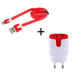 Pack Chargeur Pour Iphone 11 Pro Max Smartphone Micro-Usb (Cable Noodle 1m Chargeur + Double Prise Secteur Couleur Usb) - Rouge