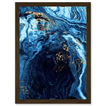 Wee Blue Coo Abstract Dark Blue Gold Flow Watercolour Modern Artwork Framed Wall Art Print A4