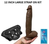 Dildo BIG GIRTHY 12 Inch Realistic Brown Suction Cup STRAP-ON KIT Black Harness