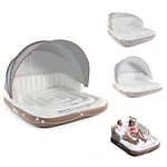 GYMAX Matelas Gonflable Piscine 2-en-1, Lit Gonflable Piscine avec Auvent Rétractable UPF 50+, Canapé Gonflable Ergonomique Charge 200KG, Lit Flottante de Lounge avec 2 Porte-gobelets