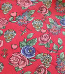 Skulls & Roses on Red - 100% Cotton Fabric - Candy Skulls Flowers Swallows & Anchors - Fabric Craft Material Metre (656ERA)