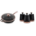 Tower T800003RB Linear Non Stick Induction Saute Pan With Lid, Black And Rose Gold, 28 cm & T826131BLK Cavaletto Set of 3 Storage Canisters for Tea/Coffee/Sugar, Steel, Black and Rose Gold