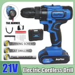 21V Electric Cordless Drill Screwdriver 2-Speed Tail Hammer & Magnet + Battery