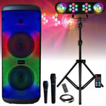 MOOVING LIGHT & SOUND - Enceinte USB Bluetooth Autonome sur batterie 600W ELECTRO-SOUND - 2 Micros Karaoke - Pack Lumière sur Pied