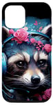Coque pour iPhone 13 Cute Anime Gamer Raton laveur Gaming Casque Rose Fleurs Art