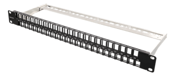 Deltaco 19" Patch panel, 1U, Keystone, 48 porter, uten kontakter, kabelstøtte, aluminium, svart