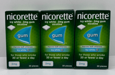 3 X Nicorette Icy White 2mg Gum 30 pieces (90 Pieces Total) -  EXP:10/25