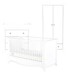 CuddleCo Clara 3pc White Nursery Furniture set -  3 Drawer Dresser, Cot Bed, and Wardrobe