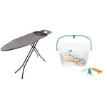 Russell Hobbs® LA043153BLK 122 x 38 cm Geo Folding Ironing Board + Beldray LA028297TQ Ultra Grip Rust Resistant Clothes Pegs with Storage Basket for Washing Line